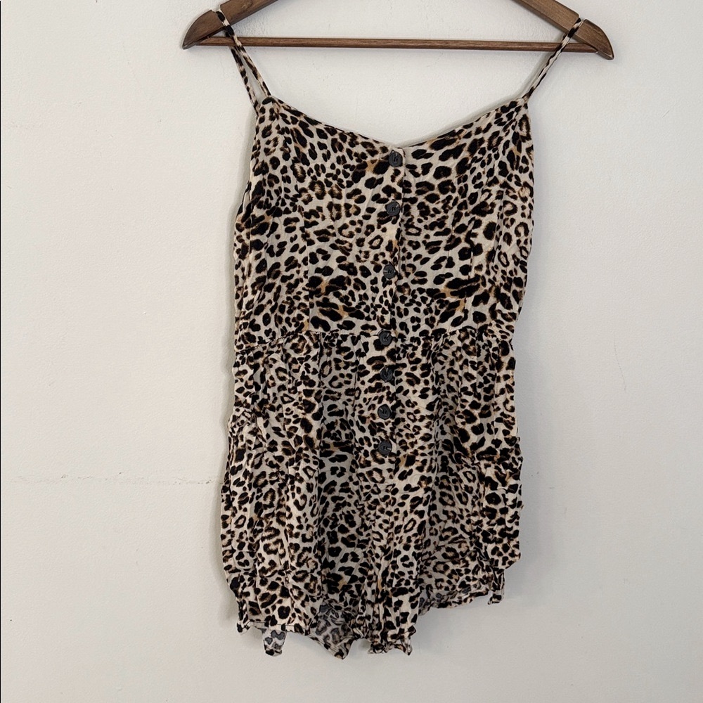 Active USA Leopard Print Romper adjustable spaghetti straps elastic back SZ Med